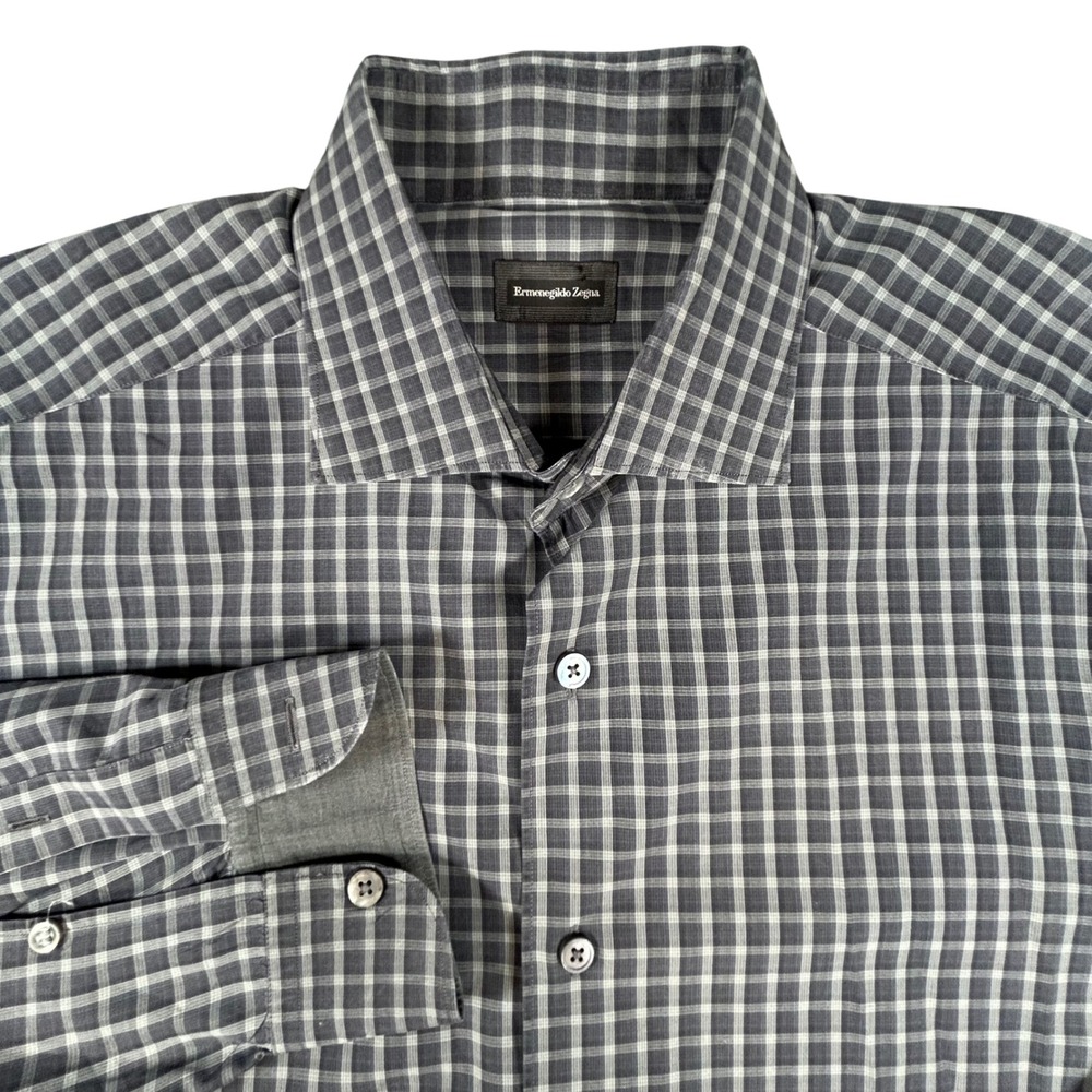 Ermenegildo Zegna Button Up Shirt Men's‎ L Plaid Check Gray Cotton 180/100A